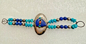 Vtg TAXCO Sterling Silver Bracelet Lapis Lazuli Fetish Bear Turquoise Beaded